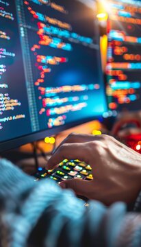 Detailed Close-Up of Developers Coding in Python and JavaScript on Multiple Screens for Technical Expertise