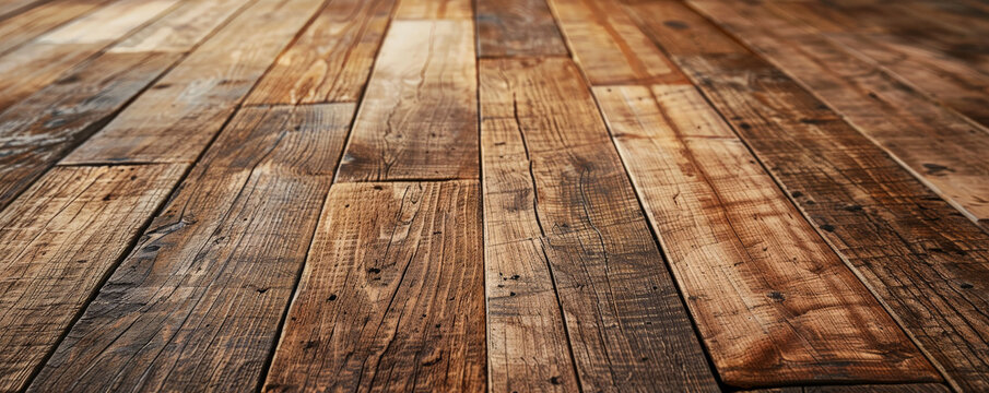 An old wooden floor with a vintage feel, featuring weathered planks and natural cracks. The spacious layout is ideal for adding design or text.