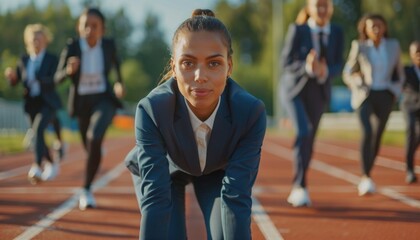 Business people standing ready for run sprint competition on race track