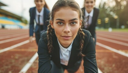 Business people standing ready for run sprint competition on race track