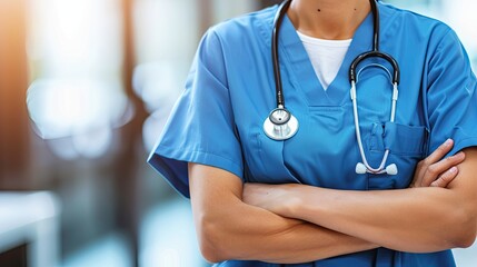 Torso of unrecognizable male doctor in lab coat with stethoscope. Healthcare and medical illustration. Design for banner, poster, cover, brochure, advertising, marketing or presentation.