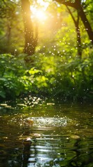 Fototapeta premium Sunlit forest stream with water droplets falling into the water