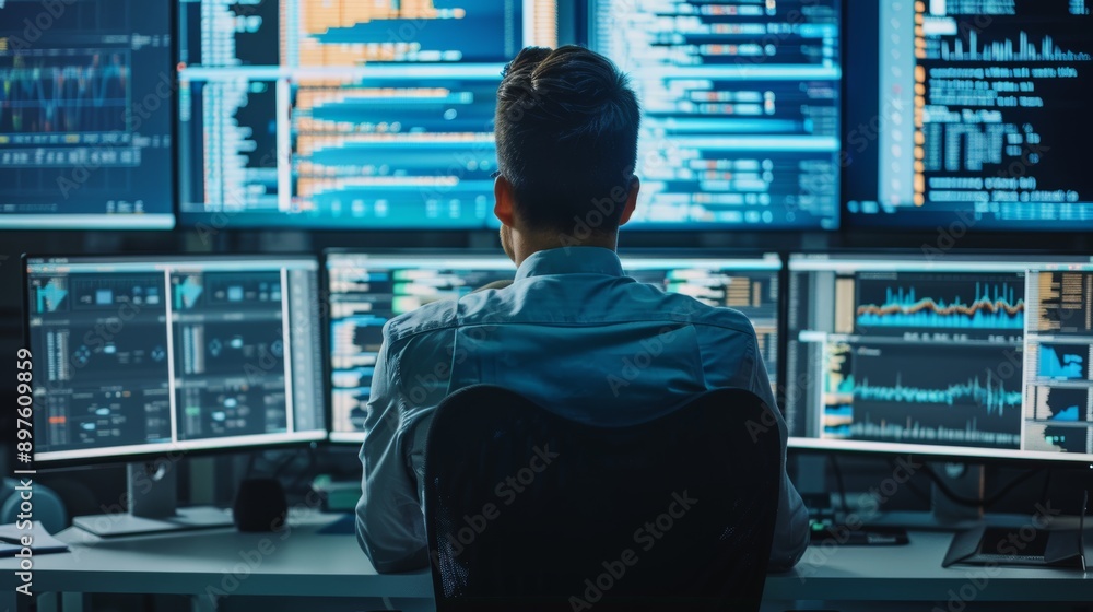 Poster devops engineer managing ci/cd pipeline in high-tech office, perfect for it and tech publications
