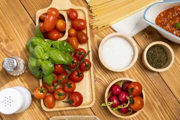 Top view of delicious food's special menu homemade preparing station of spaghetti with minced meat...