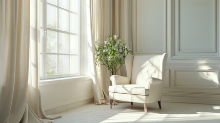 Serene Beige Armchair Beside White Curtained Window