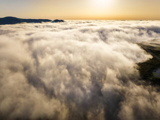 Obraz premium Aerial view of sunset above clouds at Fanal mountain, Madeira island, Portugal