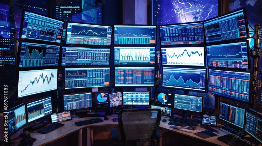 Poster sophisticated trading setup with multiple screens displaying commodity platforms and market trends