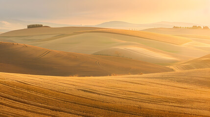 Fototapeta premium Golden fields stretch across rolling hills under soft sunlight, creating a serene and tranquil landscape in early autumn