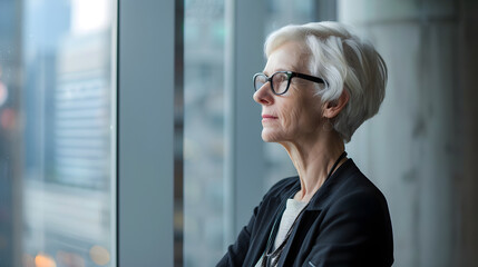 Fototapeta premium A thoughtful elderly woman with short gray hair gazes out the window, reflecting on her life in a modern urban setting