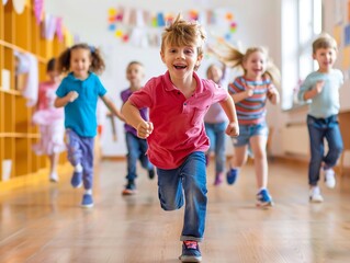 Joyful group of children running inside a colorful classroom, expressing excitement and energy during playtime or break.