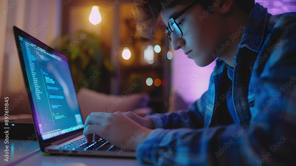 Aufkleber a young teenaged programmer coding on a laptop in a dimly lit room, showcasing focus and concentrati