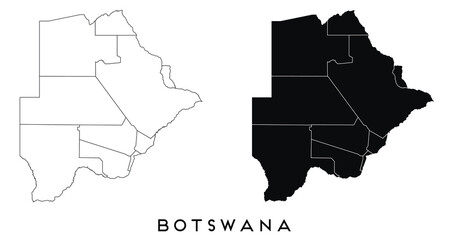 Botswana map of regions districts vector black on white and outline
