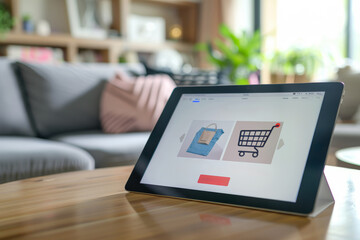 Stylish Tablet Interface for Online Shopping with Fashionable Items on Contemporary Coffee Table