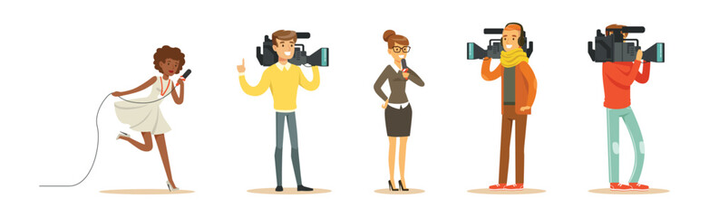 News Program Crew of Professional Man Cameraman And Woman Journalist Vector Set