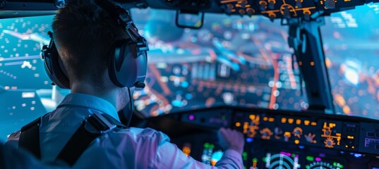 Flight Simulation Training with Advanced Cockpit Controls and Immersive Visuals in Modern Training Facility