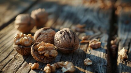 Cracked fresh walnuts on wood surface