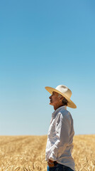 Obraz premium Farmer Standing in Wheat Field Under Clear Blue Sky
