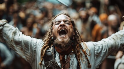 A vivid image capturing a celebratory pirate figure with raised arms, leading a crew in a lively scene packed with background characters, showcasing festivity and camaraderie.