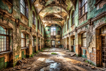 Fototapeta premium Interior of an abandoned, dilapidated building with high ceilings.