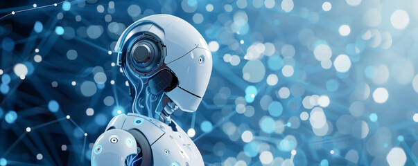 Illustration of the cyborg with AI on the futuristic background. Artificial intelligence and future technologies concept.