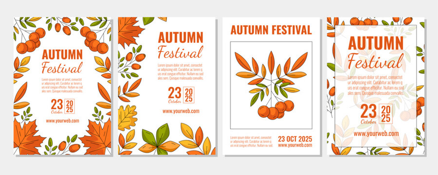 Set of autumn vertical a4 posters, abstract fall leaves frame or pattern. Vector illustration for social media, postcard, invitation, banner, festival, flyer, party or advertising. Isolated background