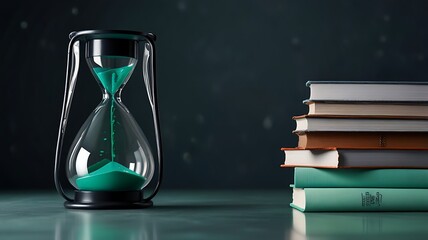 3D Hourglass, notebook, pen, white surface, green sand, wooden base suitable for time management, productivity concept, education websites, blog posts. 
