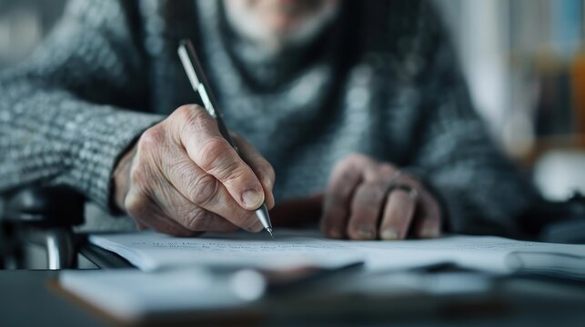 An elderly person wearing a sweater is writing a letter with a pen on a piece of paper, possibly reflecting on memories or communicating with loved ones.