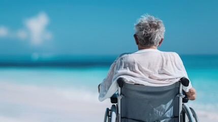 An elderly man with gray hair sits alone in a wheelchair on a beach, wrapped in a light shirt, looking out at the tranquil ocean, reflecting solitude, peace, and the beauty of nature.