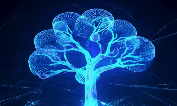 Blue abstract circuit board electronic hi-tech growing tree 4k video