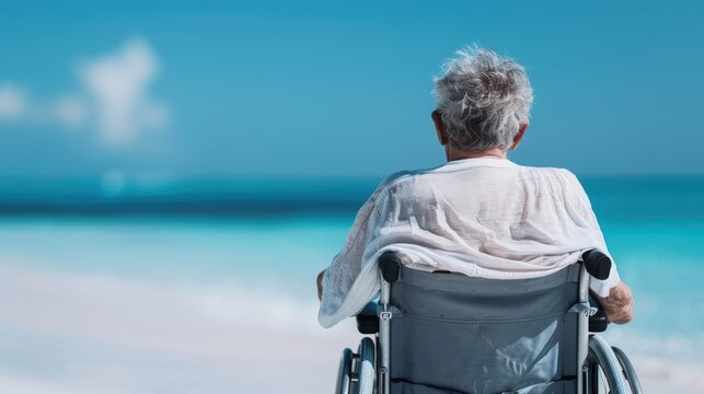 An elderly man with gray hair sits alone in a wheelchair on a beach, wrapped in a light shirt, looking out at the tranquil ocean, reflecting solitude, peace, and the beauty of nature.