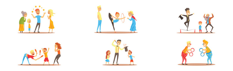 Street Entertainer and Performer Acting Show Trick Vector Set