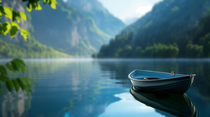 A serene boat floats gently on the calm waters of a picturesque mountain lake, surrounded by lush green hills.