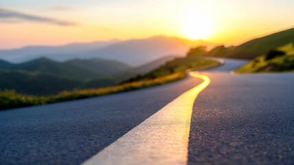 Close up of a winding road illuminated by the golden glow of the setting sun, curving through lush green hills.