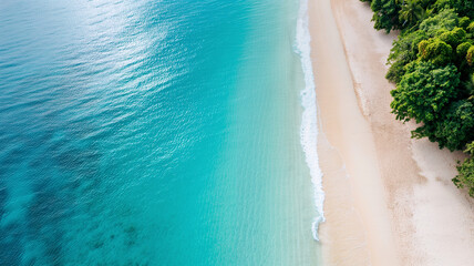 A breathtaking aerial view of a tranquil beach with clear turquoise waters and lush green foliage lining the sandy shore.