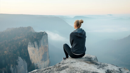 A woman sits on a mountain cliff, admiring the misty view of distant peaks and valleys.