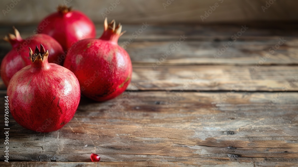 Leinwandbilder three red pomegranates with seeds sit on a rustic wooden surface. generative ai