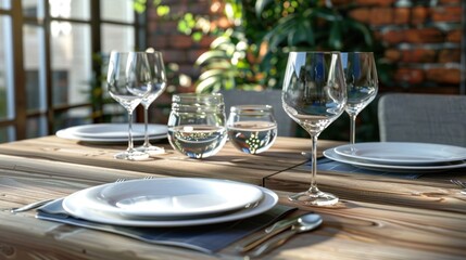 Table Setting with Wine Glasses, Plates, and Water on a Wooden Table
