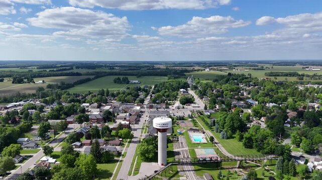 Palmerston water tower in the Town of Minto with residential areas and green surroundings