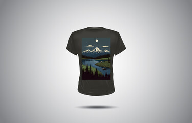 Design a T-shirt that celebrates the beauty of nature. Incorporate elements like mountains, forests, rivers, and wildlife. Use earthy tones and organic shapes to create a serene and harmonious design.