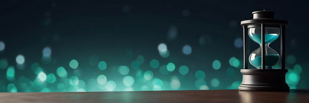 3D Hourglass, notebook, pen, white surface, green sand, wooden base suitable for time management, productivity concept, education websites, blog posts. 