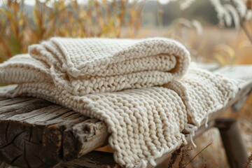 Cozy Handmade Knitted Throw Blanket on Rustic Bench - Natural Light and Detailed Texture