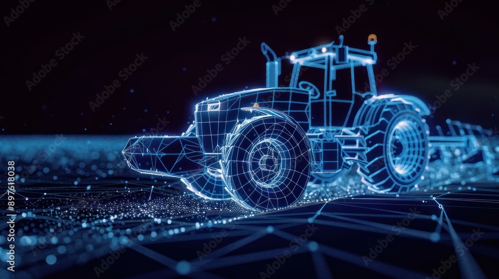 Poster digital wireframe representation of a tractor
