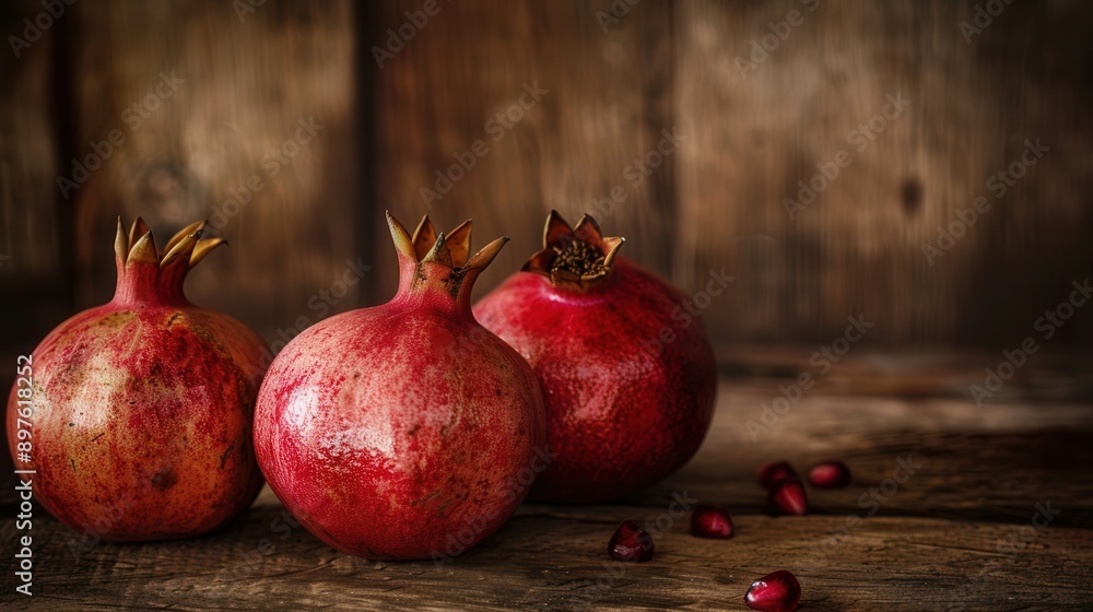 Poster three ripe pomegranates with seeds, isolated on a rustic wooden surface. generative ai