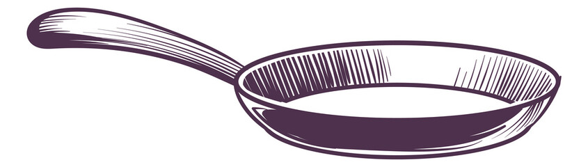 Frying pan sketch. Cooking kitchenware. Utensil drawing
