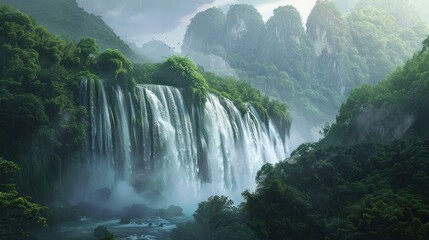 Fototapeta premium Lush Green Forest with Majestic Waterfall Cascading Down Cliffs