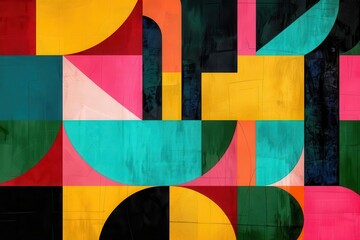 abstract modern art piece featuring geometric shapes and vibrant colors retroinspired design with contemporary elements symbolizing innovation and creativity in the workplace