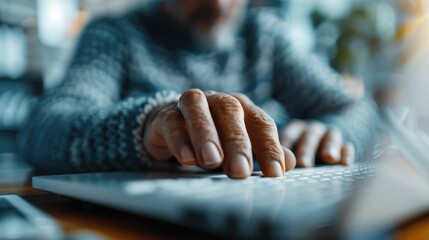 Obraz premium Close-up shot of a person typing on a keyboard, highlighting the dynamic interaction between human technology and expressing a frame of modern work or creative typing process.