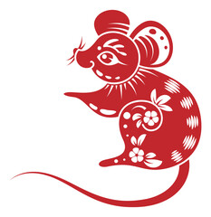 Rat silhouette. Red animal shape with flower ornament