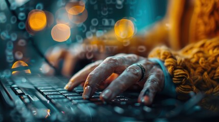 Close-up of a person's hands typing on a laptop keyboard, with an overlay of digital numbers and codes, symbolizing the intersection of technology and human interaction.