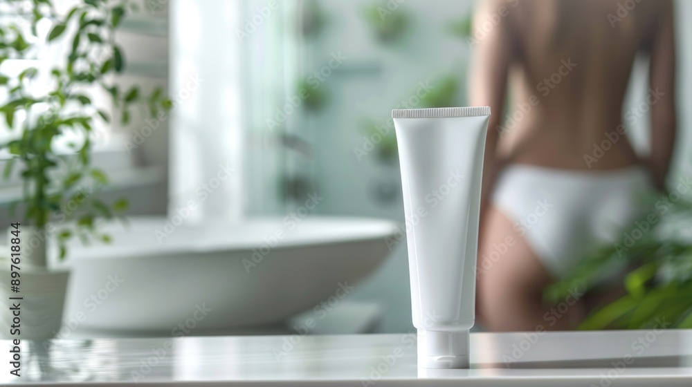 Wall mural white cosmetic tube on table in bathroom background with blurred woman